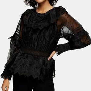 NWT Topshop Dobby Shirred Waist Black Blouse